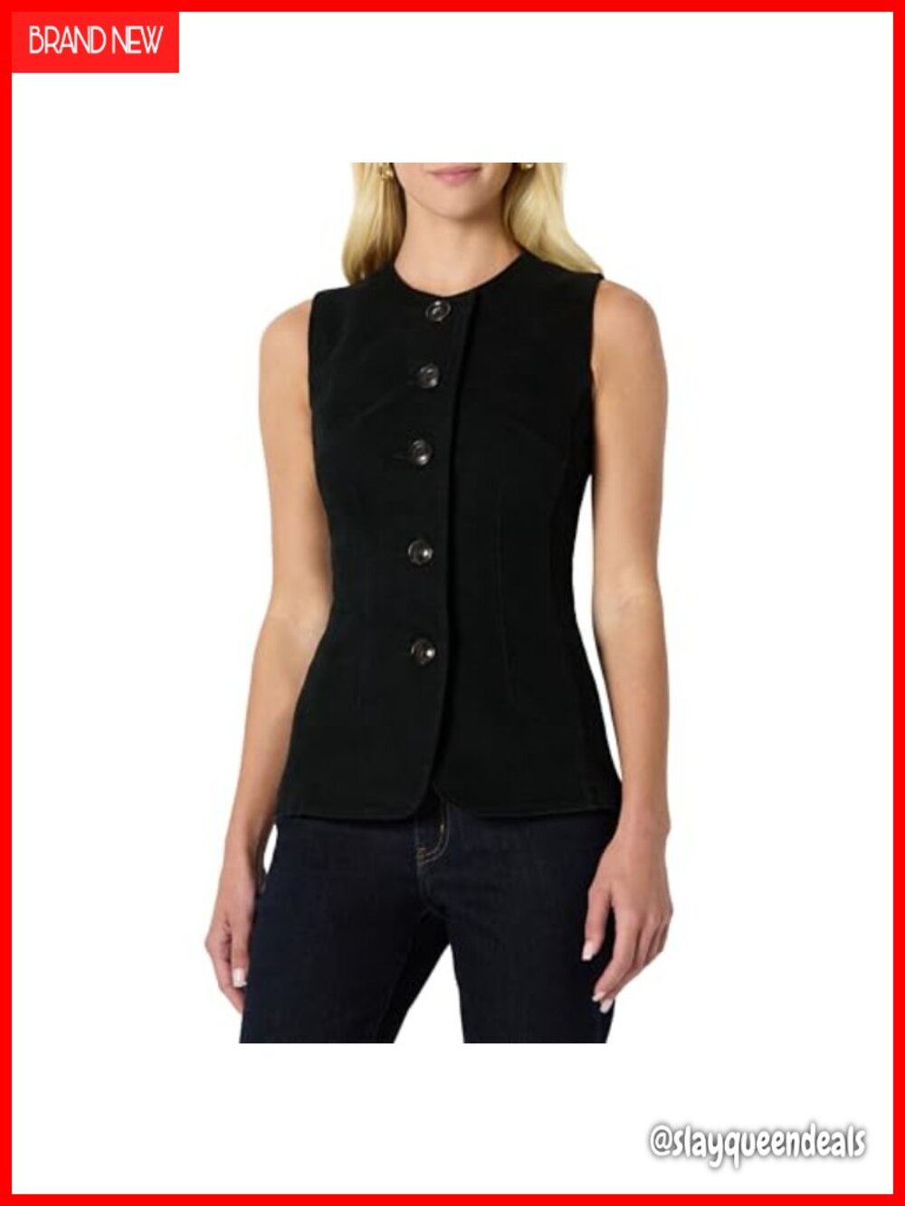 Women's Regular-Fit Button-Down Denim Vest Round Neck Sleeveless Shank Buttons